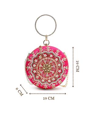 adorn fuchsia pink & multi faux silk floral mandala embellished clutch 5