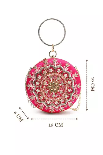 adorn fuchsia pink & multi faux silk floral mandala embellished clutch