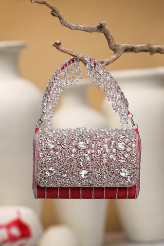 crystal cascade deep pink fuchsia & silver suede clutch