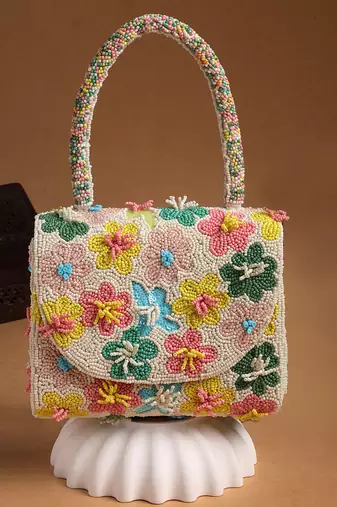 petal posh ivory & multi canvas floral motif beaded clutch