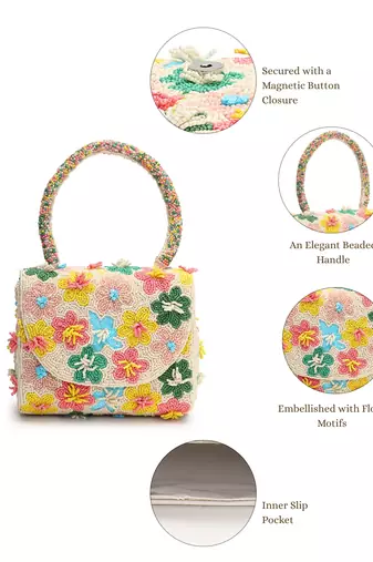 petal posh ivory & multi canvas floral motif beaded clutch