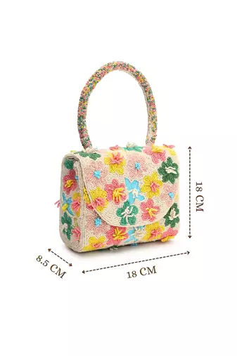 petal posh ivory & multi canvas floral motif beaded clutch