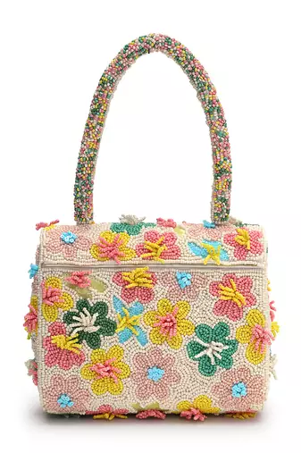 petal posh ivory & multi canvas floral motif beaded clutch