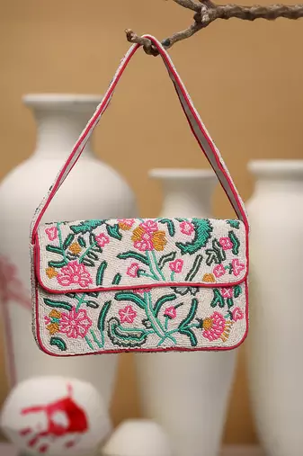 beaded botanica ivory & multi canvas floral & vine motifs embroidered clutch