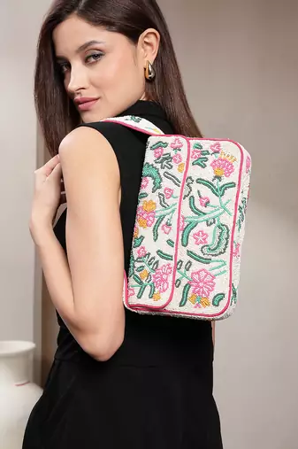 beaded botanica ivory & multi canvas floral & vine motifs embroidered clutch