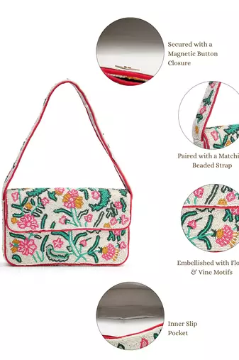 beaded botanica ivory & multi canvas floral & vine motifs embroidered clutch