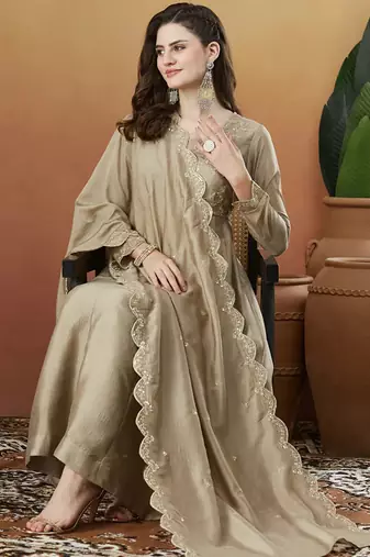 Cream vichitra silk thread embroidered with sequins work kurta pant set