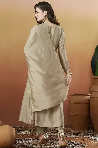 Cream vichitra silk thread embroidered with sequins work kurta pant set