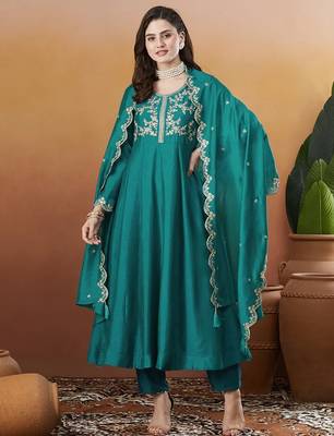 Aqua blue vichitra silk thread embroidered with sequins work kurta pant set 1