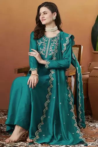 Aqua blue vichitra silk thread embroidered with sequins work kurta pant set