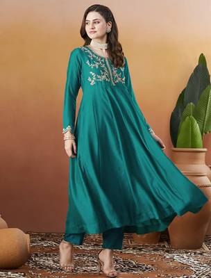 Aqua blue vichitra silk thread embroidered with sequins work kurta pant set 3