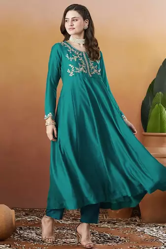 Aqua blue vichitra silk thread embroidered with sequins work kurta pant set