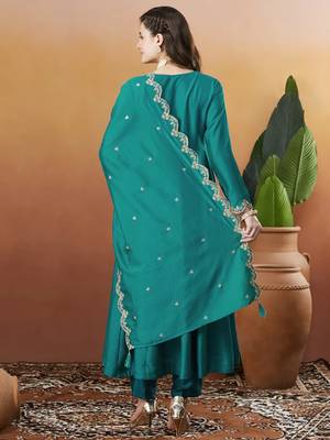 Aqua blue vichitra silk thread embroidered with sequins work kurta pant set 4