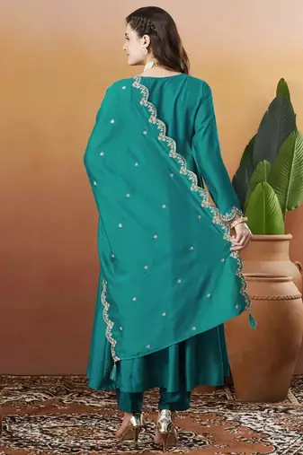 Aqua blue vichitra silk thread embroidered with sequins work kurta pant set
