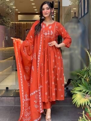Orange cotton heavy thread embroidered work with printed dupatta kurta pant set 1
