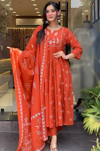 Orange cotton heavy thread embroidered work with printed dupatta kurta pant set