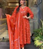 Orange cotton heavy thread embroidered work with printed dupatta kurta pant set