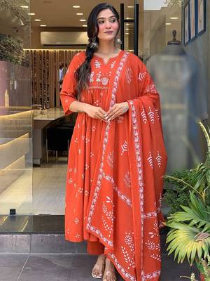 Orange cotton heavy thread embroidered work with printed dupatta kurta pant set 2