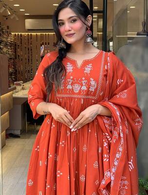 Orange cotton heavy thread embroidered work with printed dupatta kurta pant set 3