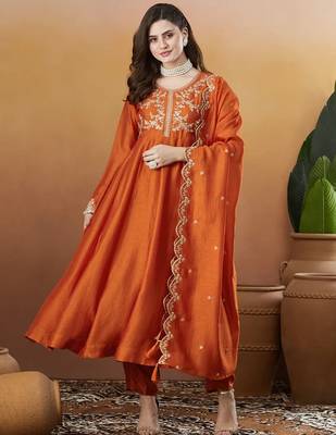 Rust orange vichitra silk thread embroidered with sequins work kurta pant set 1