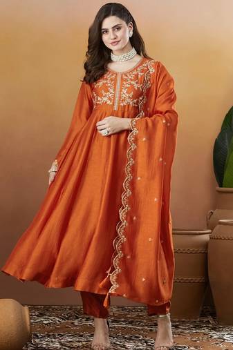 Rust orange vichitra silk thread embroidered with sequins work kurta pant set