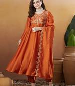 Rust orange vichitra silk thread embroidered with sequins work kurta pant set