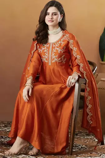 Rust orange vichitra silk thread embroidered with sequins work kurta pant set