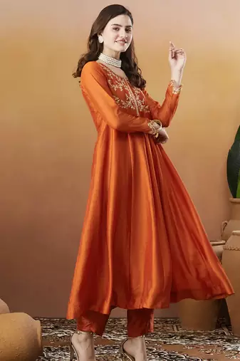 Rust orange vichitra silk thread embroidered with sequins work kurta pant set