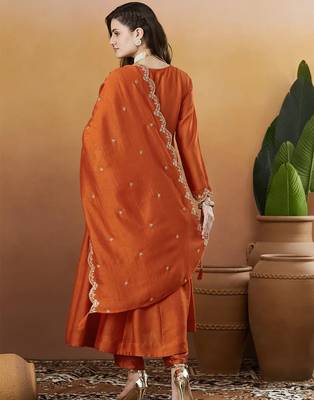 Rust orange vichitra silk thread embroidered with sequins work kurta pant set 4