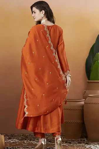 Rust orange vichitra silk thread embroidered with sequins work kurta pant set