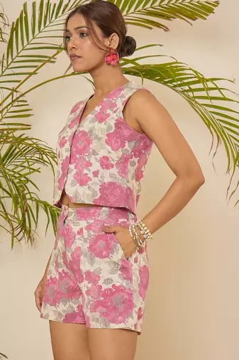pink floral printed waistcoat & shorts co-ord set