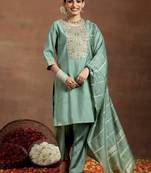 Pista chanderi heavy thread embroidered work kurta pant set