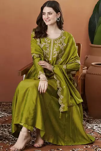 Mehendi vichitra silk thread embroidered with sequins work kurta pant set