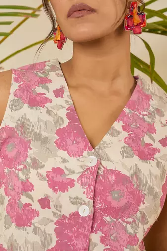 pink floral printed waistcoat & shorts co-ord set