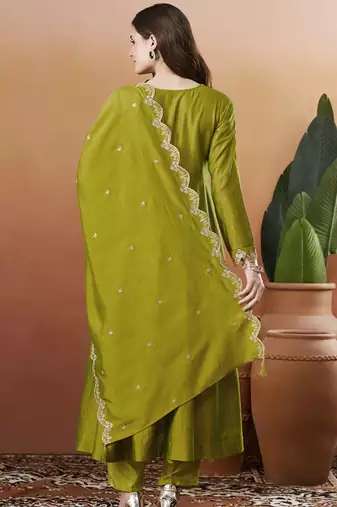 Mehendi vichitra silk thread embroidered with sequins work kurta pant set