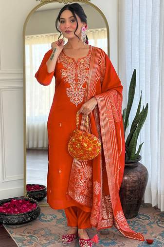 Orange roman silk thread embroidered with sequins work kurta pant set