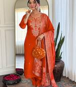 Orange roman silk thread embroidered with sequins work kurta pant set