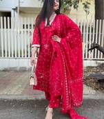 Red rayon printed kurta pant set