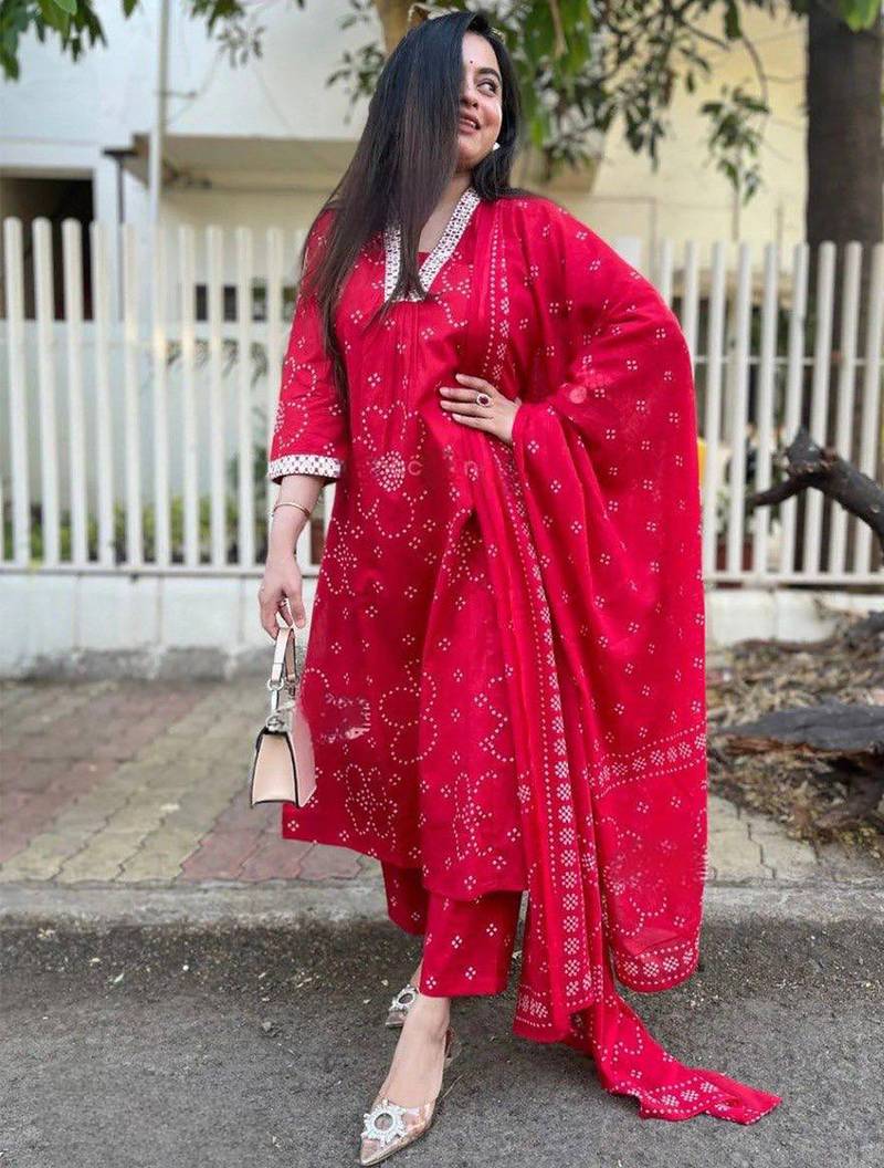 Red rayon printed kurta pant set