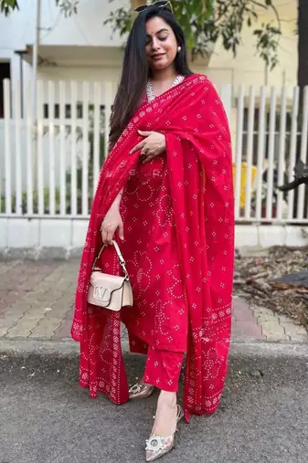 Red rayon printed kurta pant set