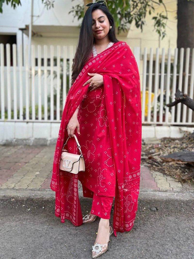 Red rayon printed kurta pant set