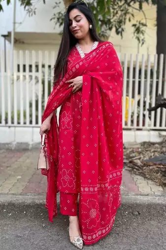 Red rayon printed kurta pant set