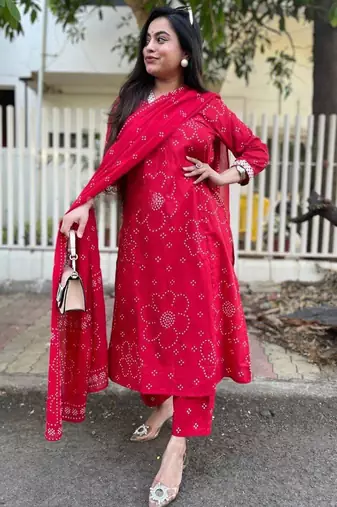 Red rayon printed kurta pant set