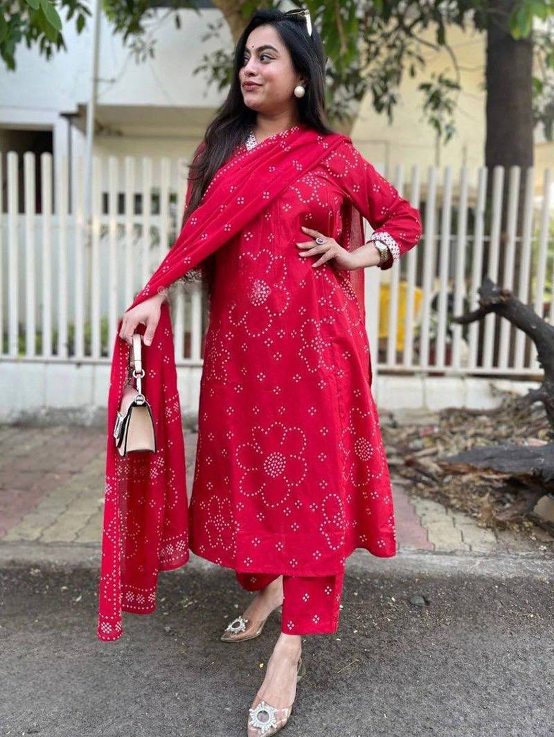 Red rayon printed kurta pant set