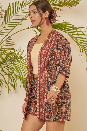multi color printed cotton shrug & shorts co-ord set