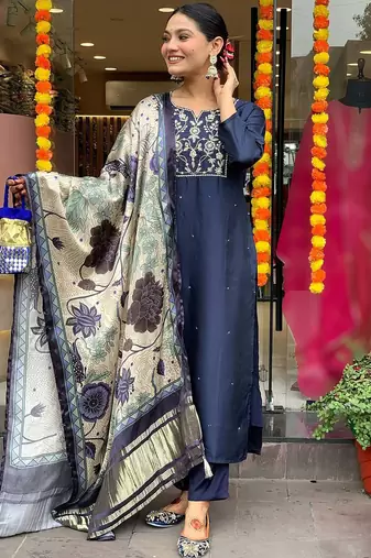 Navy blue viscose chanderi heavy thread embroidered work with printed dupatta kurta pant set