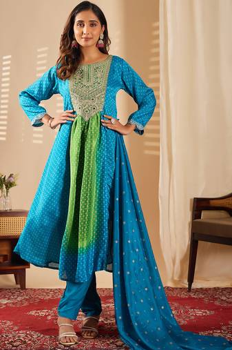 Aqua blue chinon print with heavy thread embroidered work  kurta pant set