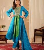 Aqua blue chinon print with heavy thread embroidered work  kurta pant set