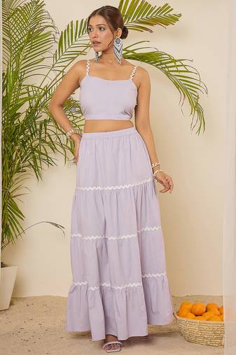 lavender cotton crop top & tiered skirt co-ord set