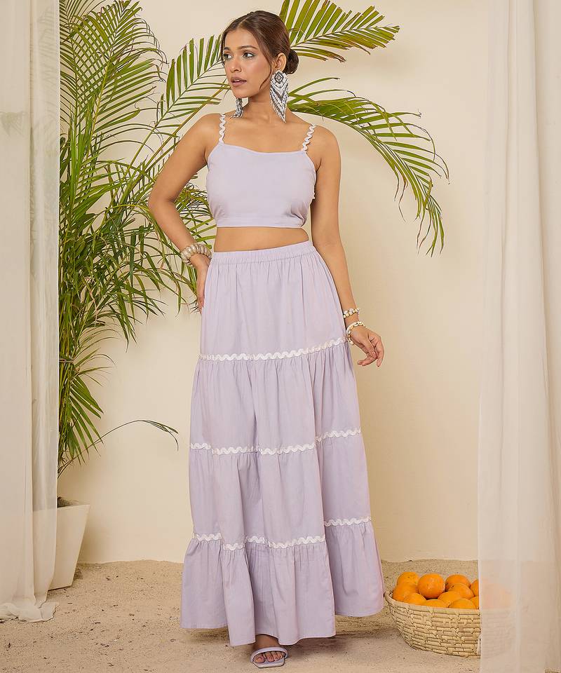 Women lavender cotton lace detailing crop top with skirt co-ord set